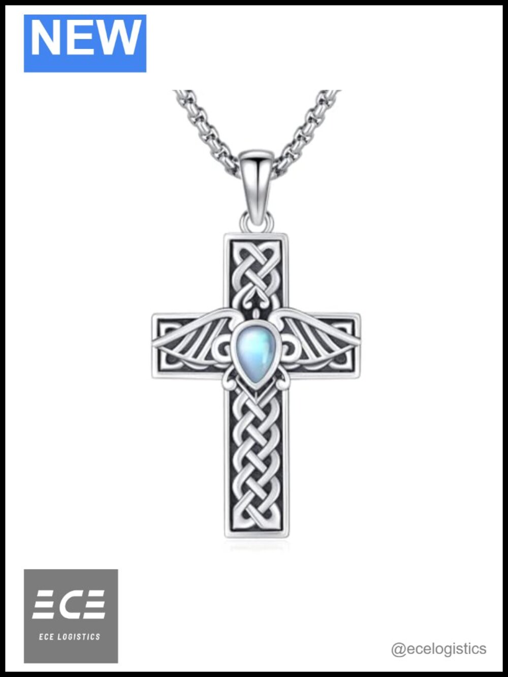 925 Sterling Silver Celtic Knot Cross Necklace Moonstone Pendant 20 in